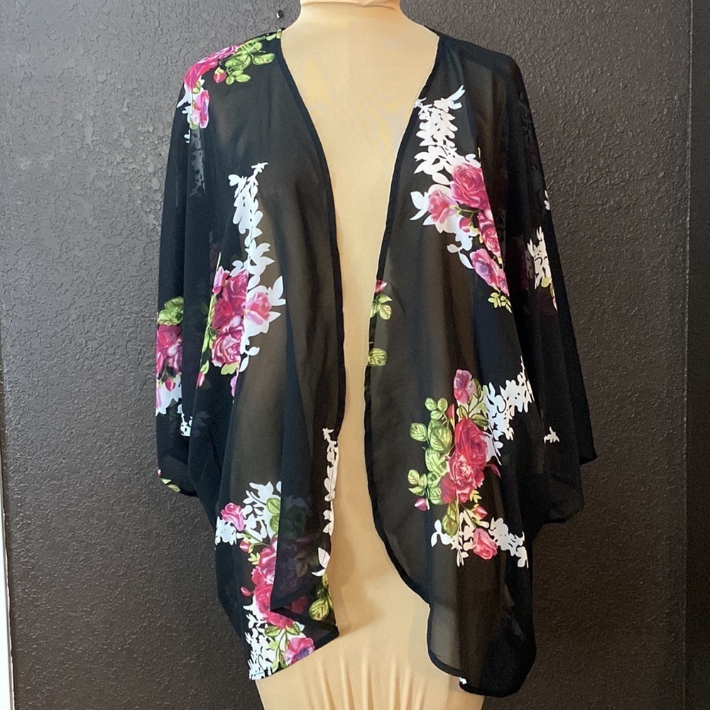 BLACK floral semi sheer‎ dolman sleeve cardigan kimono top
